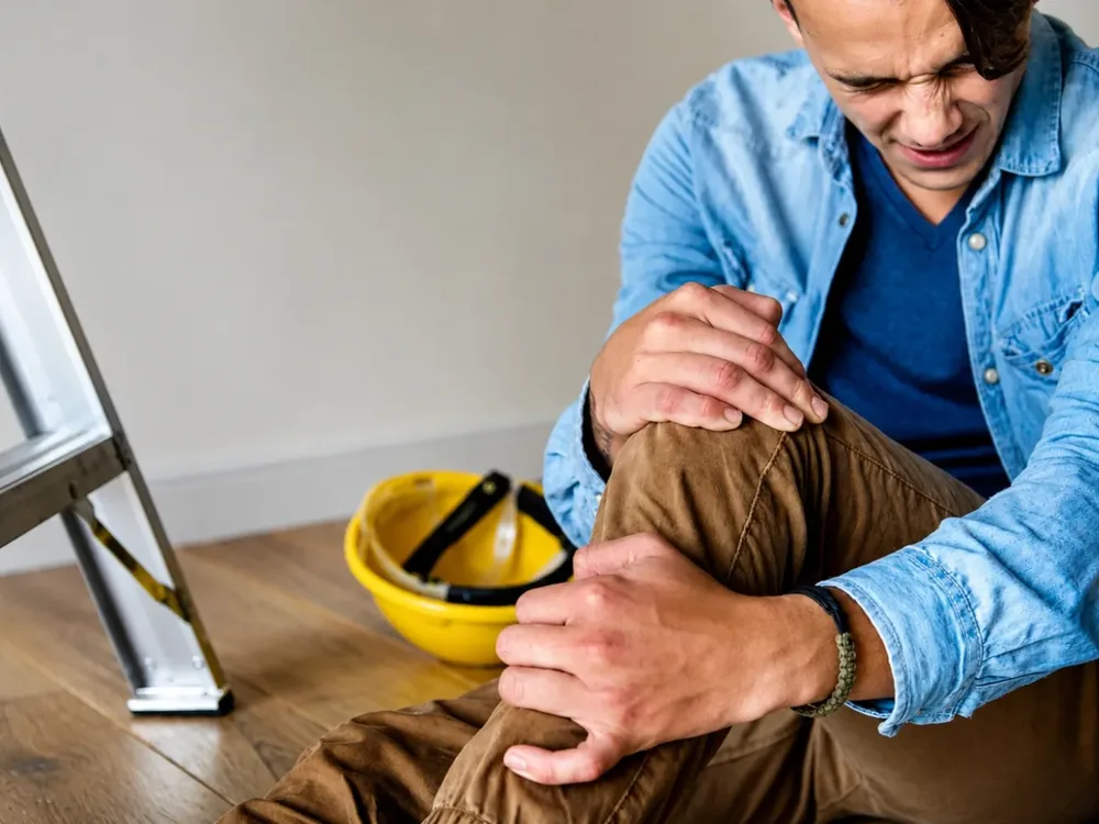A man holding his knee in pain after a fall from a ladder
